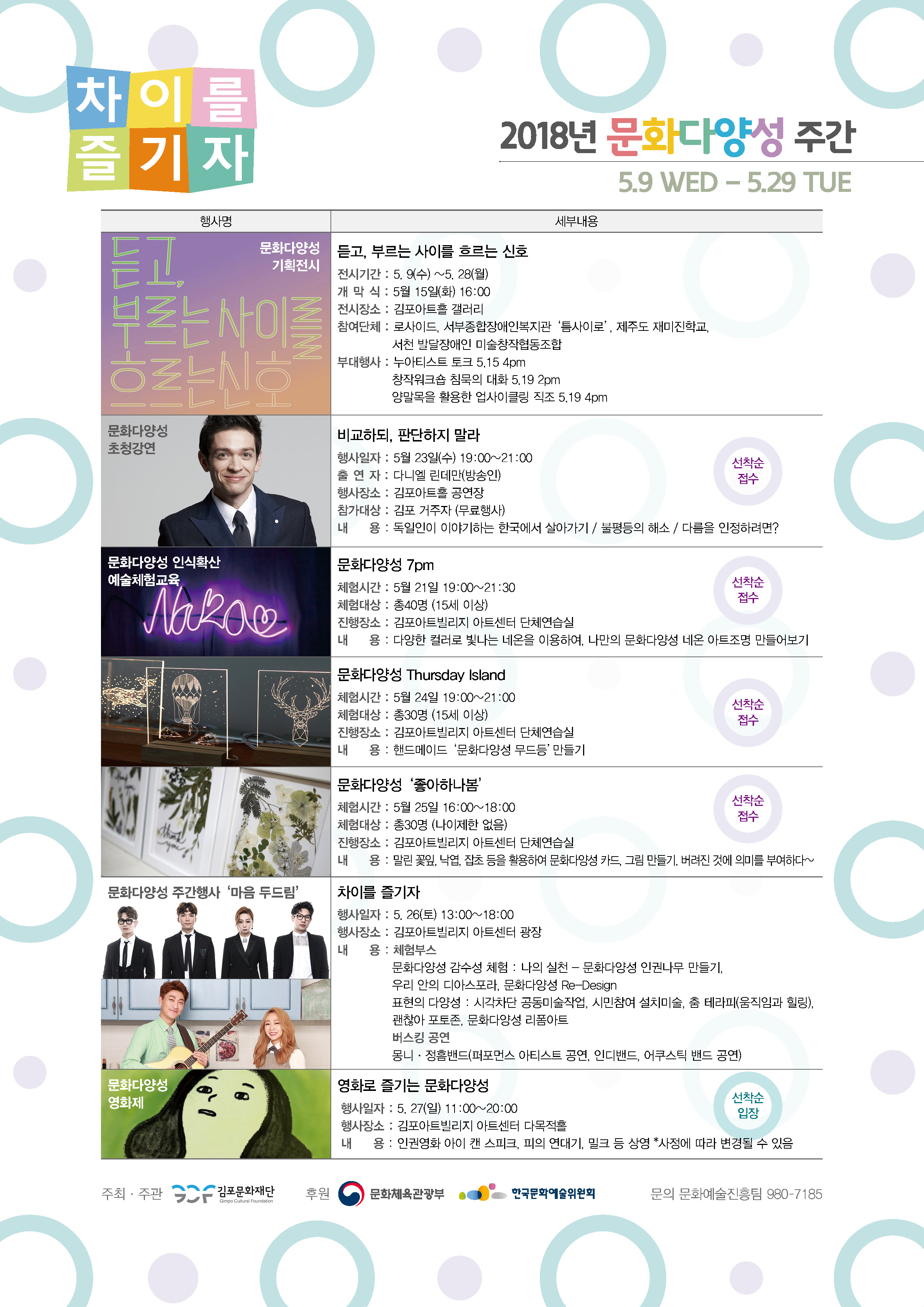 2018년 문화다양성 주간 5.9WED - 5.29TUE 듣고, 부르는 사이를 흐르는 신호, 비교하되, 판단하지 말라, 문화다양성 7pm, 문화다양성 Thursday lsland, 문화다양성 '좋아하나봄' 차이를 즐기자, 영화로 즐기는 문화다양성