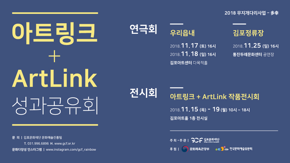 아트링크+ArtLink 성과공유회 연극회 우리읍내 2018.11.17(토)16시 2018.11.18(일)16시 김포아트센터 다목적홀 김포정류장 2018.11.25(일)16시 통진두레문화센터 공연장 전시회 아트링크+ArtLink 작품전시회 2018.11.15(목)-19(월)10시~18시 김포아트홀 1층 전시실