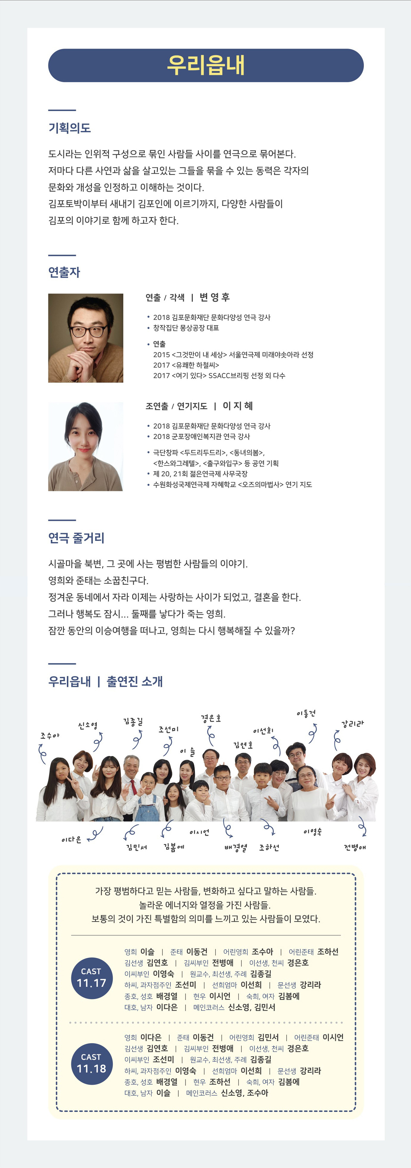 우리읍내 기획의도:도시라는 인위적인 구성으로 인위적 구성으로 묶인 사람들 사이를 연극으로 묶어본다. 저마다 다른 사연과 삶을 살고 있는 그들을 묶을 수 있는 동력은 각자의 문화와 개성을 인정하고 이해하는 것이다. 김포토박이부터 새내기 김포인에 이르기까지, 다양한 사람들이 김포의 이야기로 함께 하고자 한다. 연출자 연출/각색 변영후 조연출/연기지도 이지혜 연극줄거리:시골마을 북변, 그 곳에 사는 평범한 사람들의 이야기. 영희와 준태는 소꿉친구다. 정겨운 동네에서 자라 이제는 사랑하는 사이가 되었고, 결혼을 한다. 그러나 행복도 잠시... 둘째를 낳다가 죽는 영희. 잠깐 동안의 이승여행을 떠나고, 영희는 다시 행복해질 수 있을까? 가장 평범하다고 믿는 사람들, 변화하고 싶다고 말하는 사람들. 놀라운 에너지와 열정을 가진 사람들. 보통의 것이 가진 특별함의 의미를 느끼고 있는 사람들이 모였다. 