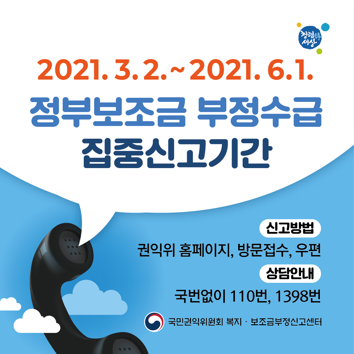 2021.3.2 ~ 2021.6.1. 정부보조금 부정수급 집중신고기간. 신고방법 : 권익위 홈페이지, 방문접수, 우편번호. 상담안내 : 국번없이 110번, 1398번. 국민권익위원회 복지보조금부정신고센터.