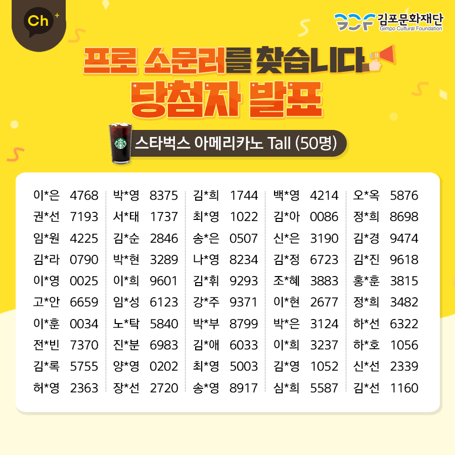 [스타벅스 아메리카노 Tall(50명)]
이*은 4768 권*선 7193 임*원 4225 김*라 0790 이*영0025 고*안 6659 이*훈0034 전*빈 7370 김*록5755 허*영 2363 박*영 8375 서*태 1737 김*순 2846 박*현 3289 이*희 9601 임*성 6123 노*탁 5840 진*분 6983 양*영 0202 장*선 2720 김*희 1722 최*영 1022 송*은 0507 나*영 8234 김*휘 9293 강*주 9371 박*부 8799 김*애 6033 최*영5003 송*영 8917 백*영 4214 김*아 0086 신*은 3190 김*정 6723 조*혜 3883 이*현 2677 박*은 3124 이*희 3237 김*영 1052 심*희 5587 오*옥 5876 정*희8698 김*경 9474 김*진 9618 홍*훈 3815 정*희3482 하*선 6322 하*호1056 신*선 2339 김*선 1160