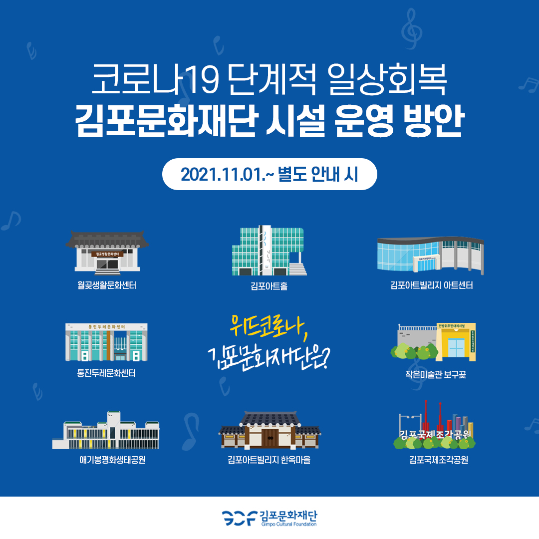 [코로나19 단계적 일상회복 김포문화재단 시설 운영 방안]
2021.11.01~별도 안내시까지